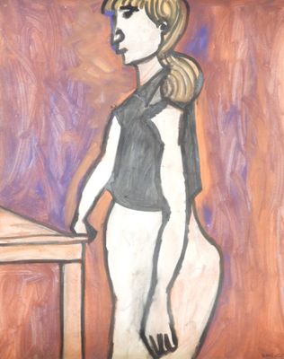 painting of a woman standing in front of a table with a chair