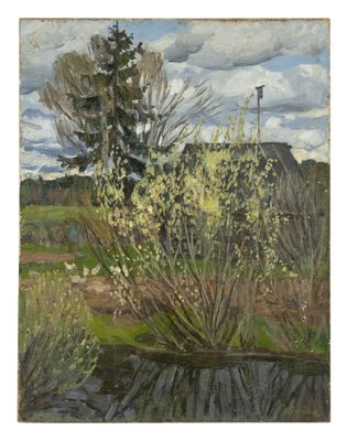 an image of a painting of a small pond in the middle of a field