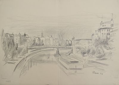 dessin représentant une vue d'une ville avec un pont et une tour horloge