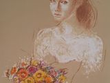 tableau représentant une femme avec un vase de fleurs devant elle