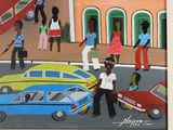 a painting of a group of people walking down the street