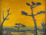 painting of trees in a field with a yellow sky in the background