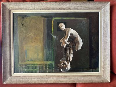 a picture of a painting of a man with a dog