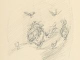 drawing of a dog laying on a bed with birds flying around it