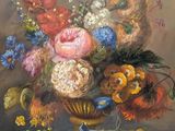 a painting of flowers in a vase on a table