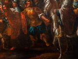 painting of a man on a horse being led by a group of men