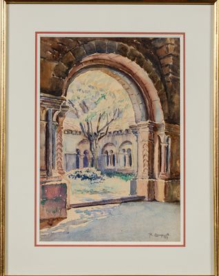 une image représentant une aquarelle d'une cour avec un arbre