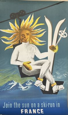 poster of a man riding a ski lift with a sun on his head