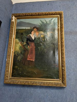 a painting of a woman holding a basket of flowers