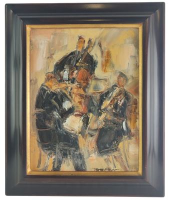 an oil painting of three men playing instruments in a room