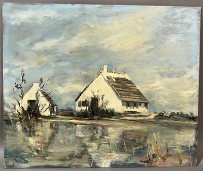 an oil painting of a house and a boat in a body of water