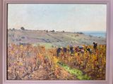 an oil painting of a group of people riding horses in a vineyard