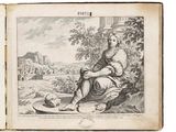 an old book with a drawing of a woman sitting on a rock