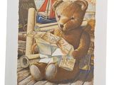 un tableau représentant un ours en peluche assis sur une table avec une carte