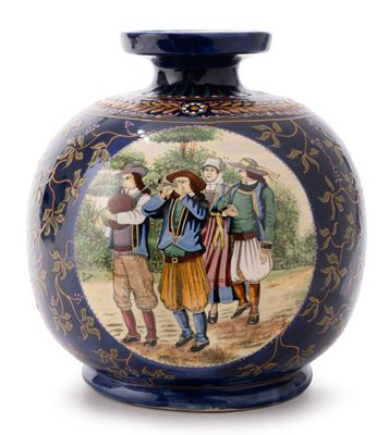 a blue vase with a picture of a group of people on it