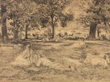 dessin représentant un groupe de personnes assises dans l'herbe, à l'ombre des arbres