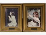 two framed pictures of a woman sitting on the ground with her hand on her chest
