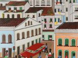 painting of a street scene with cars, people, and buildings