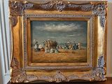 a picture of a painting of a group of people on the beach