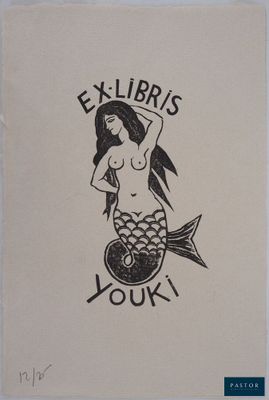 a black and white drawing of a mermaid with the words ex libris yoki on it