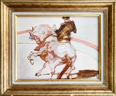 an oil painting of a man riding a horse in a gold frame