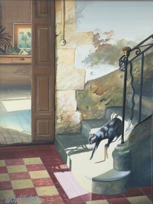 a painting of a dog that is walking up the stairs