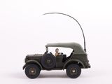 a toy army truck with two men in it