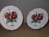 deux assiettes avec des fleurs peintes dessus, posées sur une table