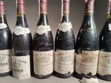 several bottles of wine are lined up on a table