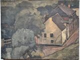painting of a horse in front of a house on a hill