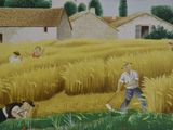 a painting of people working in a field of wheat