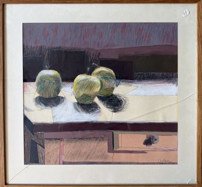 a painting of three apples on a table in front of a window