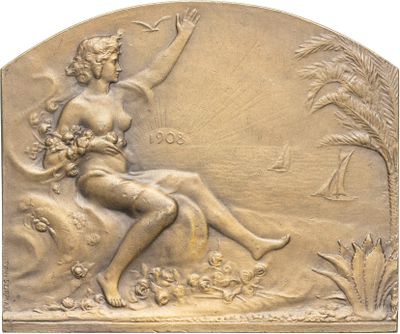 a bronze plaque of a woman sitting on a rock