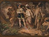 painting of a group of people standing around a man in a costume