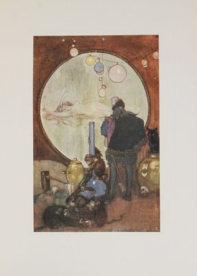a picture of a painting of a man and a woman in front of a round window