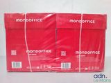 two boxes of red office supplies sitting on top of a white table