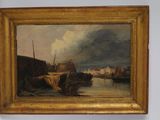 an oil painting of a harbor scene with boats in the foreground