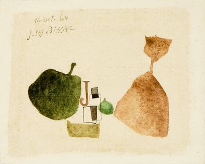 painting of a cat and a pear on a table with a bottle of wine