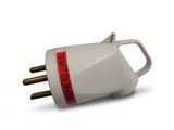 a close up of a white plug with a red light on it