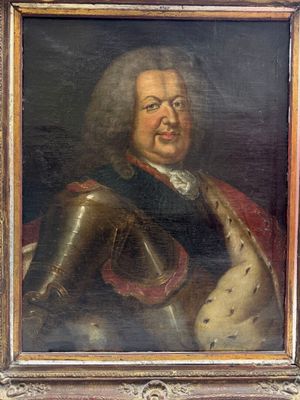 tableau représentant un homme en armure avec un chien sur les genoux