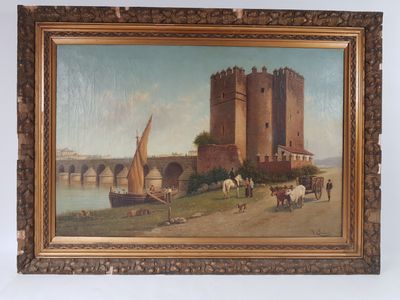 peinture représentant un tableau d'un château avec une rivière au premier plan