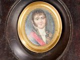 portrait d'un homme en manteau rouge, dans un cadre doré