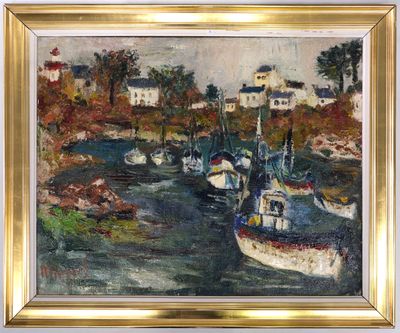 un tableau représentant des bateaux dans un port, avec des maisons en arrière-plan