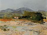 l'image d'un tableau représentant un paysage avec une rivière au premier plan