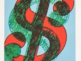 dessin représentant le symbole du dollar sur un fond bleu, rehaussé de touches de rouge et de vert