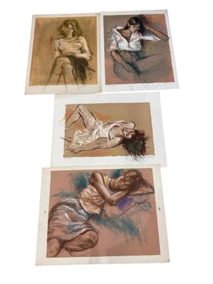 four different colored drawings of a woman laying on a bed