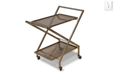 an image of a metal and glass serving cart on wheels