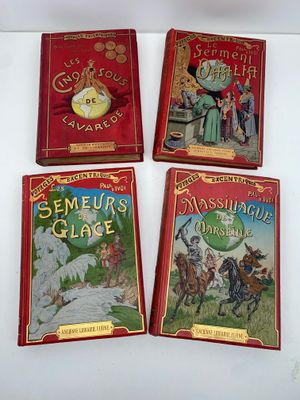four children ' s books are sitting on a table in front of a white background