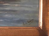 an oil painting of a boat in the ocean with a sky background