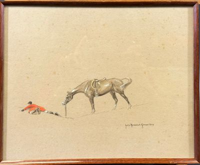une image représentant un tableau où figurent un cheval et un homme allongé